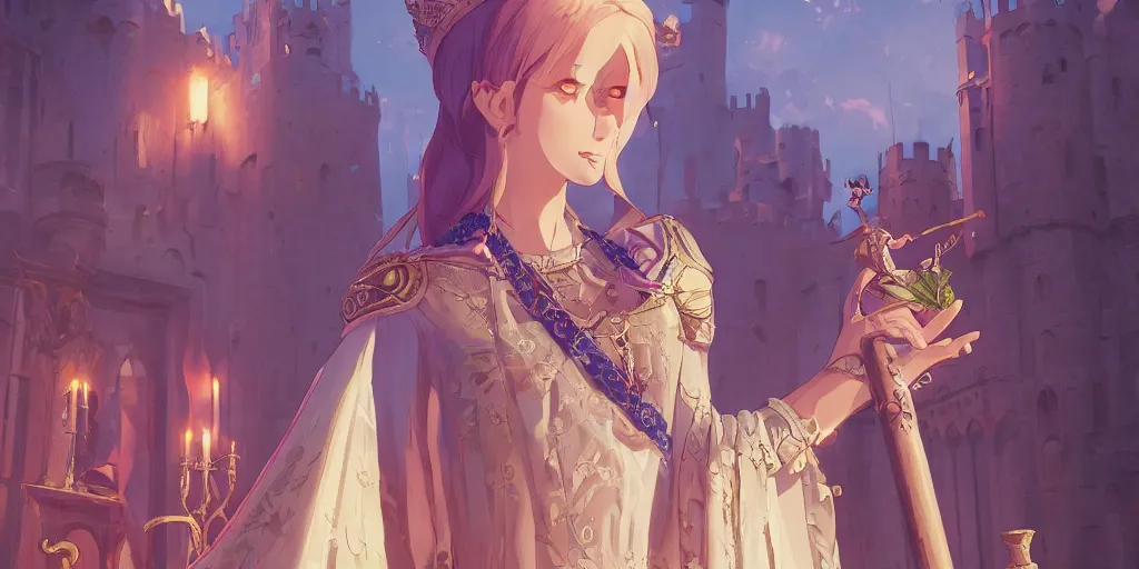 Image similar to portrait of elegant runette as a medieval royalty, medieval castle background, shallow focus, rich vivid colors, ambient lighting, dynamic lighting, 4k, official media, anime key visual, makoto shinkai, ilya kuvshinov, lois van baarle, rossdraws, detailed, trending on artstation