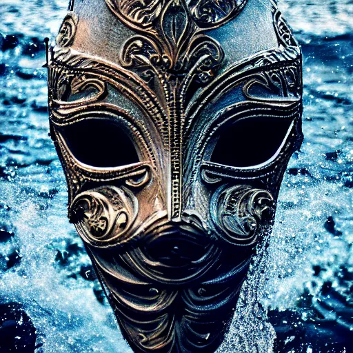 Image similar to an elaborate intricate mask made of water splashing into the waves, rendered in octane, behance hd, bokeh backdrop