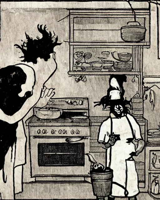 Prompt: dark fleshy figure cooking on stove top while another dark figure laughs alone inside a kitchen overgrown with plants in the style of Norman Rockwell and Greg Rutkowski and Francis Bacon