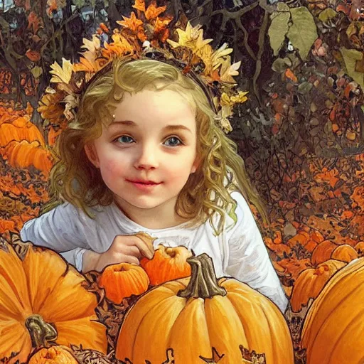 Image similar to a cute little girl with light brown wavy curly hair and blue eyes sitting amidst piles of pumpkins. beautiful cute highly detailed face. she is wearing a crown of autumn leaves. autumn and fall and halloween themed painting by alphonse mucha and artgerm and greg rutkowski.