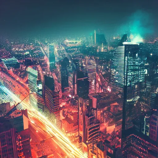 Prompt: cityscape, hole in the sky, computer device metal black hard angles with cyberpunk city dark background neon rainbow vivid colors stardust photo smoke 8k