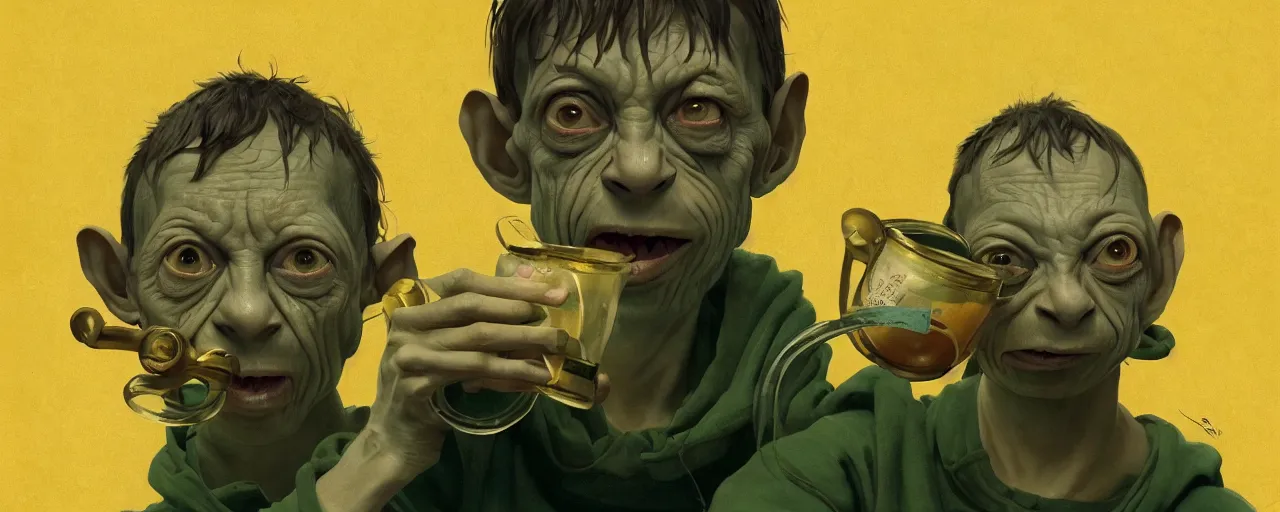 Image similar to duotone olive illustration 3 / 4 portrait of gollum drinking yerba mate from metal cup symmetrical composition accidental renaissance golden ratio. by sachin teng and sergey kolesov and ruan jia and heng z. graffiti art, scifi, fantasy, hyper detailed. octane render. concept art. trending on artstation