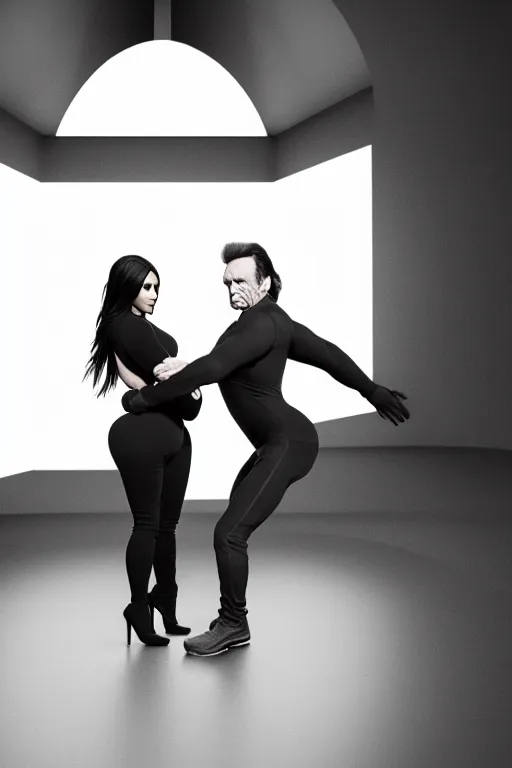 Prompt: johnny cash hugging kim kardashian, centered full body shot, full pov, kim wearing skintight grey sportswear, real photo, photoshooting, studio light, Irish mountains background, intricate, epic lighting, cinematic composition, hyper realistic, 8k resolution, unreal engine 5