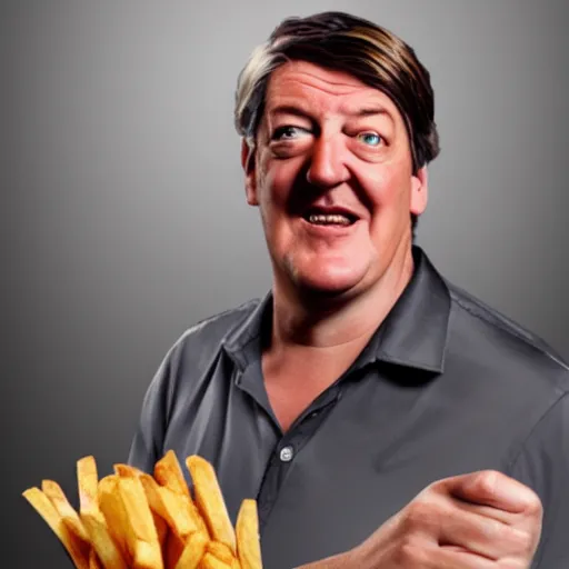 Image similar to photo of [ a single french fry chip ] shaped into stephen fry as a pixar character hybrid intercross mix cinematic lighting