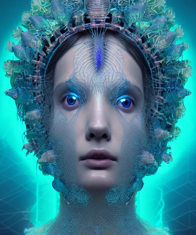 Image similar to symmetrical, centered, close-up portrait of goddess wearing crown made of betta fish, phoenix, bioluminiscent elements, intricate artwork by Tooth Wu and wlop and beeple. octane render, trending on artstation, greg rutkowski very coherent symmetrical artwork. cinematic, hyper realism, high detail, octane render, 8k