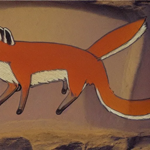 Image similar to anthropomorphic fox man, cave painting