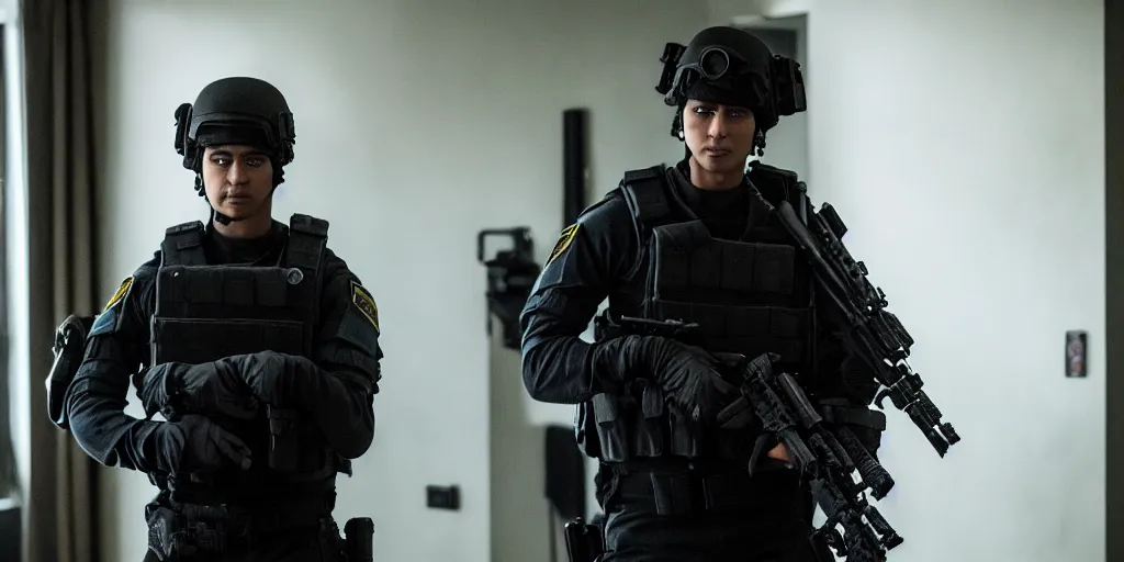 Image similar to vfx film, swat team squad crew, breach and clear, gang house, flat color profile low - key lighting award winning photography arri alexa cinematography, cinematic beautiful natural skin, famous face, atmospheric cool color - grade