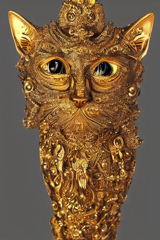 Image similar to a cinematic view of a ornated intricate cat goddess statue made by hedi xandt, realistic, macabre art, stained dried cracked skin, using gold ornaments detailed image