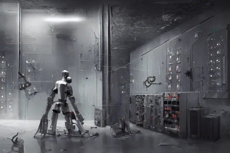 Prompt: blender gloomy colossal ruined server room in datacenter robot figure automata headless drone robot knight welder posing pacing fixing soldering mono sharp focus, emitting diodes, smoke, artillery, sparks, racks, system unit, motherboard, by rutkowski artstation hyperrealism cinematic dramatic painting concept art of detailed character design matte painting