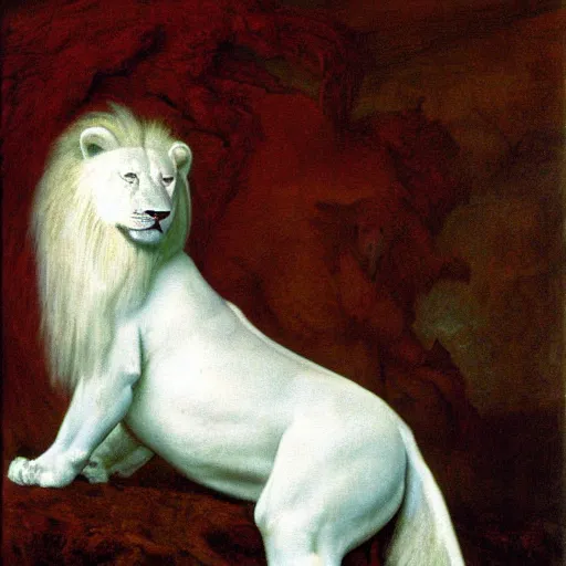 Image similar to award winning photo of muscular male albino anthropomorphic anthro furry white lion by george frederic watts