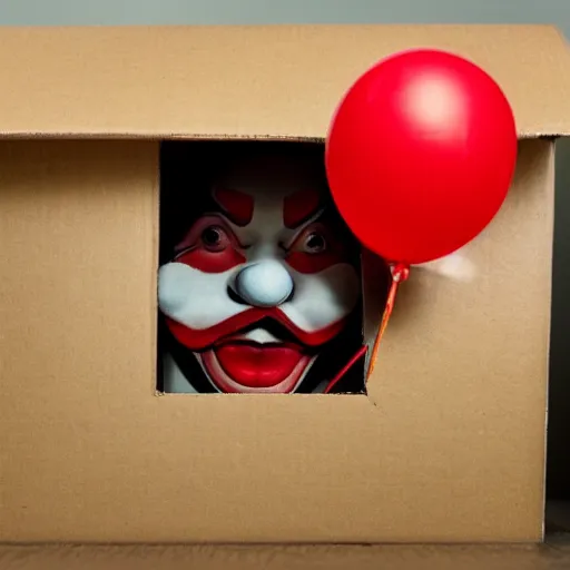 Prompt: a cardboard box with a clown peeking out if it, realistic