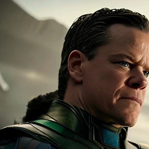 Image similar to film still of Matt Damon as Loki in Avengers Endgame