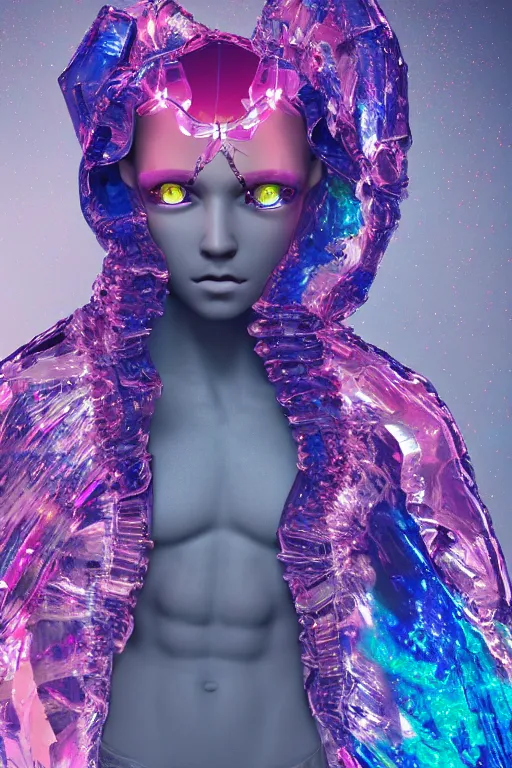 Image similar to hyper detailed ultra sharp fullbody photo of baroque and cyberpunk transparent pink gem sculpture of a muscular seductive young latino feeling muy cachondo, muy dotado, iridescent humanoid deity wearing pink plastic seethrough cloak, holding a rainbow tiger gem, blue diamond, glowing pink face, crown of white diamonds, cinematic lighting, photorealistic, octane render 8 k