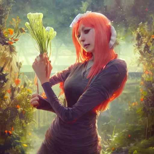 Image similar to carrots in a garden, huggy wuggy from poppy playtime video game, fullbody, ultra high detailed, oil painting, greg rutkowski, charlie bowater, yuumei, yanjun cheng, unreal 5, daz, hyperrealistic, octane render, rpg portrait, dynamic lighting, fantasy art, beautiful face