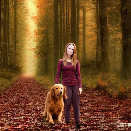 Image similar to dark red golden retriever in forest lake, matte painting in 4 k, concept art width 1 0 2 4 with young woman