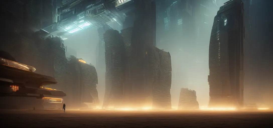 Image similar to view from the desert ground of futuristic mechanical blade runner cubes cyberpunk architecture, light rays, symmetry, cinematic lighting, ultra detailed, sharp, ambient occlusion, bloom, raytracing, by greg rutowski, paul chadeisson and jessica rossier