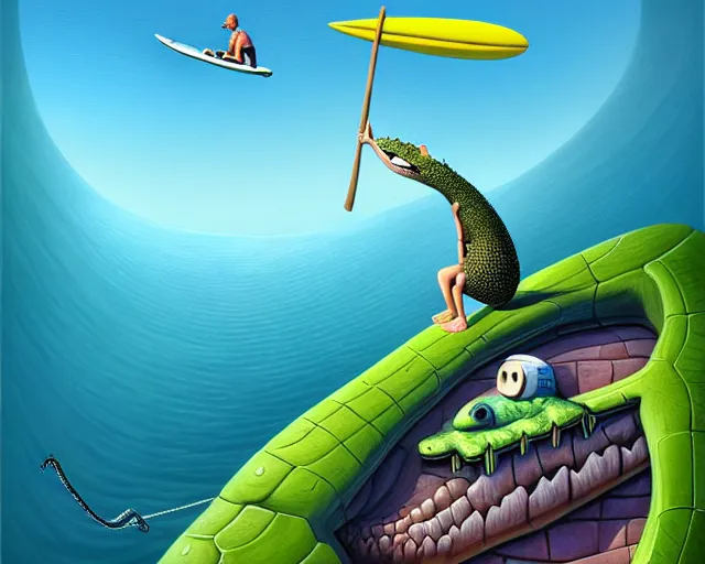 Image similar to a man surfing on a crocodile, funny cartoonish, by gediminas pranckevicius h 7 0 4, 8 k cartoon illustration, impressive perspective