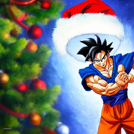 Image similar to an oil painting of a son goku wearing a christmas hat, by artgerm, hd, hdr, ue 5, ue 6, unreal engine 5, realistic non anime style, cinematic 4 k wallpaper, 8 k, ultra detailed, gta 5 cover art, high resolution, artstation, award winning