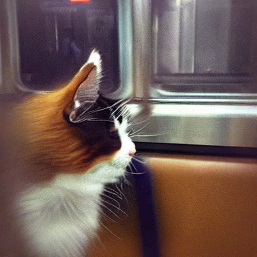 Prompt: “ a cat riding the subway in new york city, by daniel gerhartz ”