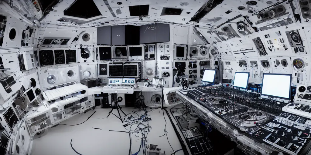 Image similar to giant speaker system music recording studio in the interior of an international space station. electronic dj equipment, modular synthesizer. photorealistic 35mm 4k cgsociety