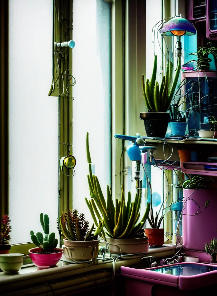 Prompt: telephoto 7 0 mm f / 2. 8 iso 2 0 0 photograph depicting the feeling of chrysalism in a cosy cluttered french sci - fi ( art nouveau ) cyberpunk apartment in a pastel dreamstate art style. ( computer screens, window ( rain ), sink, potted succulents, lamp ( ( ( fish tank ) ) ) ), ambient light.