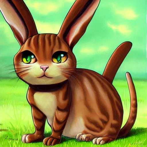 Prompt: realist detailed painting concept art of a cute beige cat with big green eyes, long floppy rabbit ears, and long tail, in the art style of nakanoart, ebbarie, kajenna