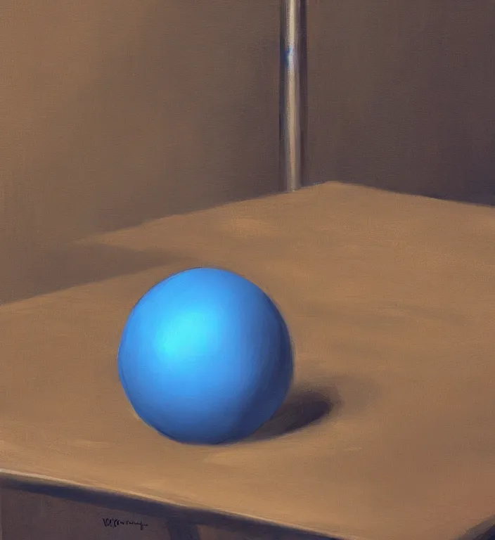 Prompt: a blue ball on a table, digital artwork by Wlop