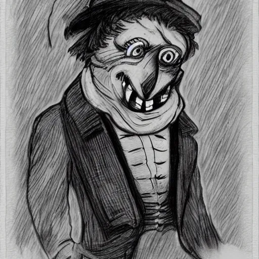 Prompt: a Pop Wonder scary horror themed goofy-hilarious-character Beethoven-wearing a scarf, dime-store-comic drawn with charcoal and pen and ink, half-tone-line-stacking