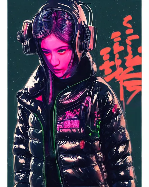 Image similar to detailed portrait Neon Operator Girl, cyberpunk futuristic neon, reflective puffer jacket, black leggings, decorated with traditional Japanese ornaments by Ismail inceoglu dragan bibin hans thoma !dream detailed portrait Neon Operator Girl, cyberpunk futuristic neon, reflective puffy coat, decorated with traditional Japanese ornaments by Ismail inceoglu dragan bibin hans thoma greg rutkowski Alexandros Pyromallis Nekro Rene Maritte Illustrated, Perfect face, fine details, realistic shaded, fine-face, pretty face