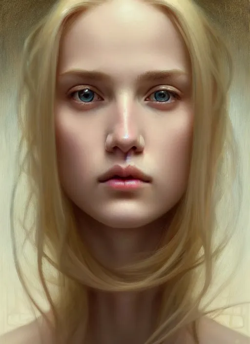 Image similar to beautiful symmetrical face, portrait of young woman blessed with ever - increasing physical and mental perfection, realism, blonde hair, perfect face!! intricate, elegant, highly detailed, vision of holy perfection!! digital painting, artstation, concept art, smooth, sharp focus, illustration, humanity, art by artgerm and greg rutkowski and alphonse mucha