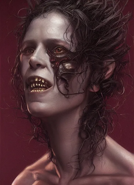 Image similar to a hyper detailed face portrait of ellen ripley becoming a xenomorph, by tom bagshaw, by zdzisław beksinski, trending on artstation