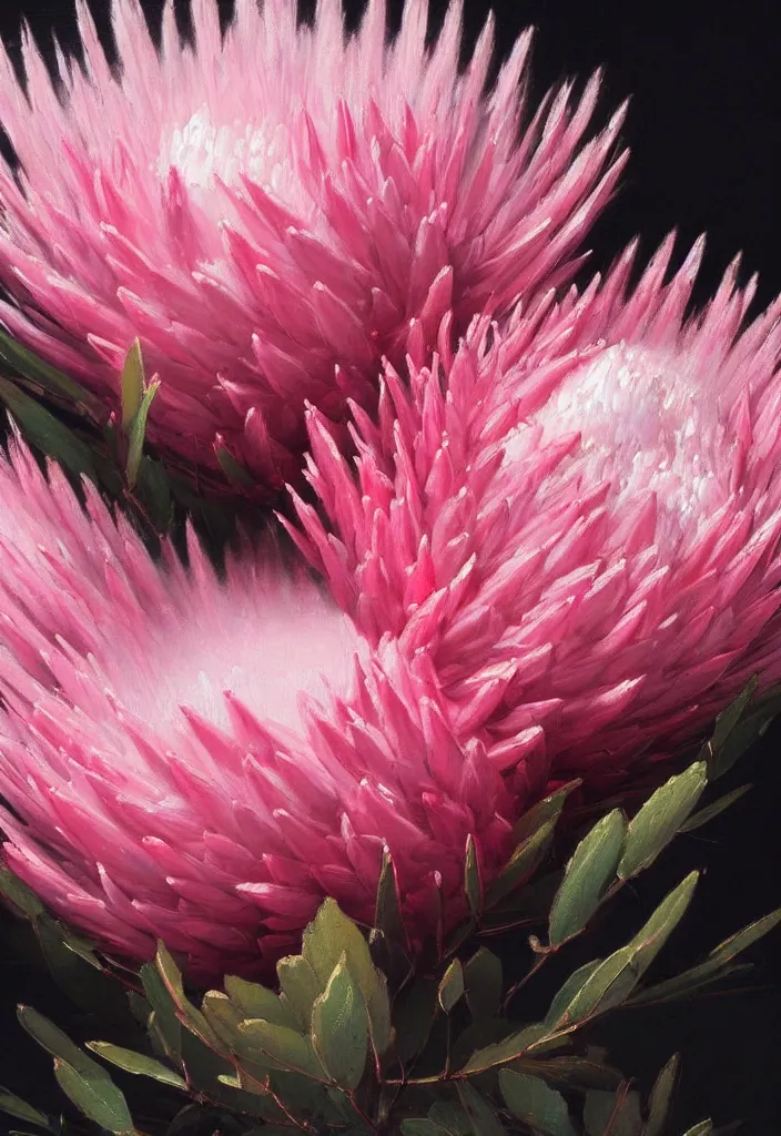 Prompt: detailed pink and white proteas against a black backdrop by ivan aivazovsky, detailed brush strokes, oil painting,, muted colours, artstation