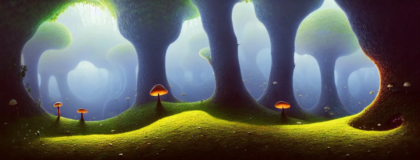 Image similar to gediminas pranckevicius beautiful and stunning professional digital artwork of a glowing mushroom cave, haze, spores floating in the air, vines, water, volumetric lighting, hyperrealistic, rtx on, ultra detail, barlowe wayne, maxfield parrish and marco mazzoni, miniature | no signature!