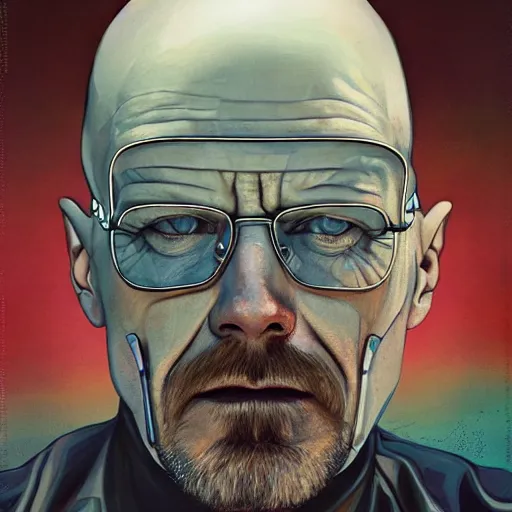 Prompt: Walter White as a cyborg, art deco design, by Mandy Jurgens and Warhol, Ernst Haeckel, James Jean, artstation, concept art