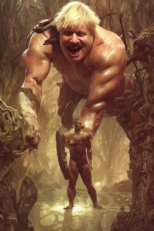 Image similar to portrait of boris johnson as a hulking herculean demon, forest, godlike, full body, fantasy, intricate, elegant, highly detailed, digital painting, artstation, concept art, sharp focus, illustration, art by artgerm and greg rutkowski and alphonse mucha