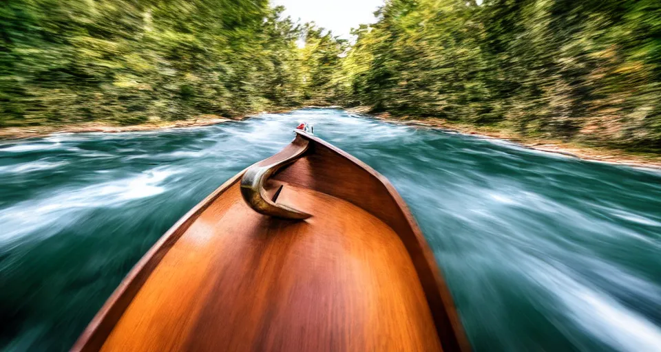 Image similar to fast viking ship sailing down a river, f / 2. 8, motion blur