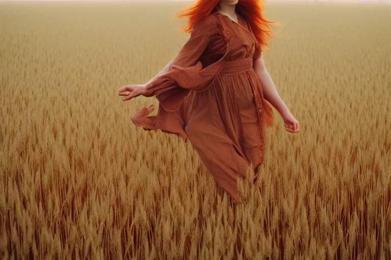 Prompt: sensual redhead girl running through the wheat field, soft light, 35mm film