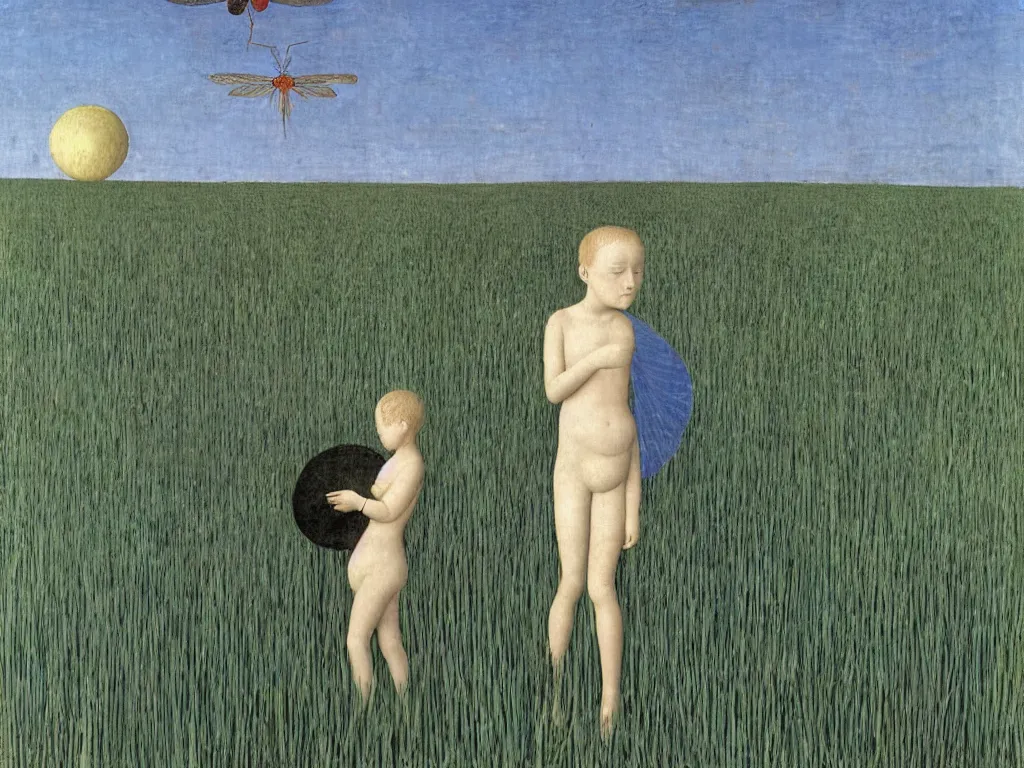 Prompt: Small child with a giant iridescent insect in the iris field. Painting by Piero della Francesca, Alex Colville