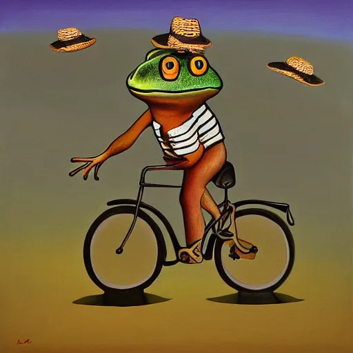 Prompt: surreal painting of a frog wearing a hat and riding a bike