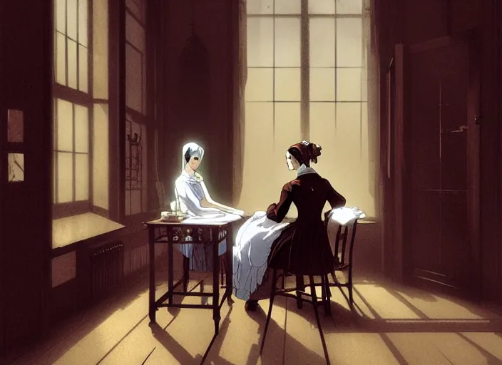 Image similar to victorian britain 1 8 3 5, adolecent florence nightingale sitting and sewing in the parlour of a english victorian manor light from a window on the right, finely detailed perfect art, gapmoe yandere grimdark, trending on pixiv fanbox, painted by greg rutkowski makoto shinkai takashi takeuchi studio ghibli