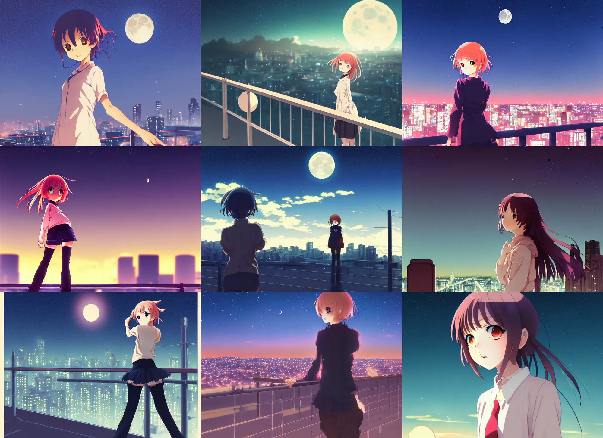 Prompt: anime visual, portrait of a young female sightseeing above the city at night, guardrail, moon, cute face by yoh yoshinari, katsura masakazu, studio light, dynamic pose, dynamic perspective, strong silhouette, ilya kuvshinov, anime cels, 1 8 mm lens, fstop of 8, rounded eyes, moody