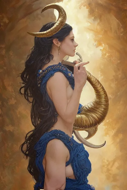 Image similar to a beautiful woman with deep blue skin, big natural ram horns on her head, flowing dress, gold jewellery, dnd, face, fantasy, intricate, elegant, highly detailed, digital painting, artstation, concept art, smooth, sharp focus, illustration, art by artgerm and greg rutkowski and alphonse mucha