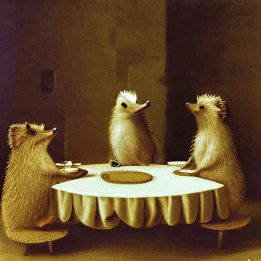 Image similar to two hedgehogs sitting at a round table, a peace treaty sits in the middle of the table, historic photo, united nations