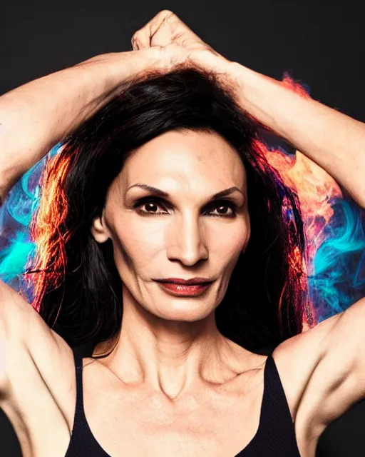 Prompt: Famke Janssen, neon lights and colorful smoke, Hyperreal, Head Shots Photographed in the Style of Annie Leibovitz, Studio Lighting