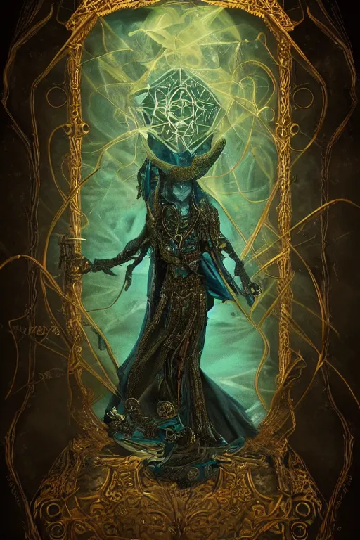 Prompt: Tarot card of the Shadow King, highly detailed portrait, gothic, high fantasy, Teal paper, Smoke swirls, ultra-detailed, ornate, elaborate, intricate metallic details, mixed media, realistic composition, point of interest at golden ratio, light from top, more darkness on bottom, high quality of sketching, highly detailed, octane render, 8k,