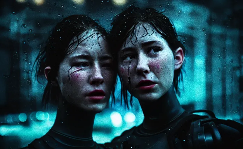 Image similar to cinestill 5 0 d candid photographic portrait by steven spielberg of two loving female androids sobbing wearing rugged black mesh techwear in treacherous waters, flooded city, medium closeup, retrofuturism cyberpunk moody emotional cinematic, pouring iridescent rain bright spotlight helicopter, 8 k, hd, high resolution, 3 5 mm, f / 3 2, ultra realistic faces, ex machina