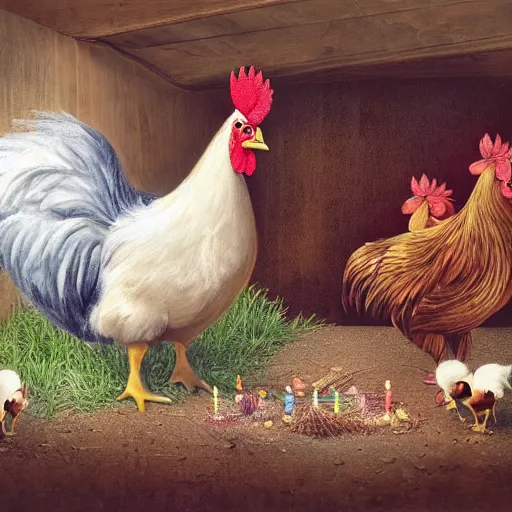 Image similar to a realistic detailed photo in a barnyard with a birthday cake between a newly-hatched baby chick and a large rooster