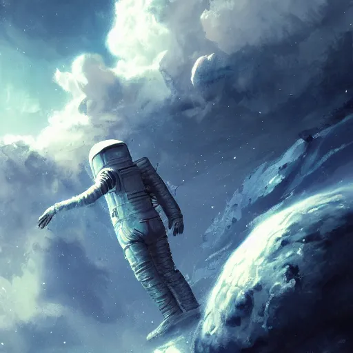 Image similar to dead astronaut falling through the clouds in jupiter, by cedric peyravernay, highly detailed, excellent composition, cinematic concept art, dramatic lighting, trending on artstation