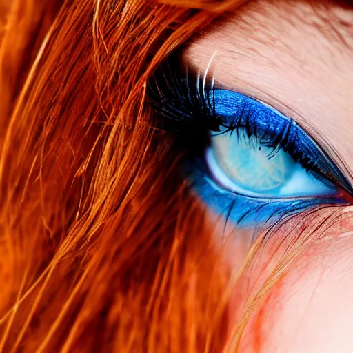 Image similar to Close up 35mm nikon photo of the left side of the head of a blond photomodel with gorgeous blue eyes and wavy long red hair, who looks directly at the camera,.