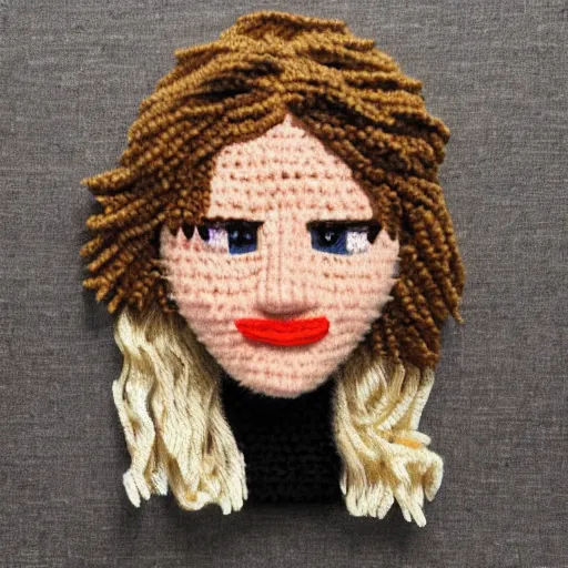 Image similar to jennifer lawrence made of yarn, crocheted caricature of jennifer lawrence, photorealistic, trending on artstation